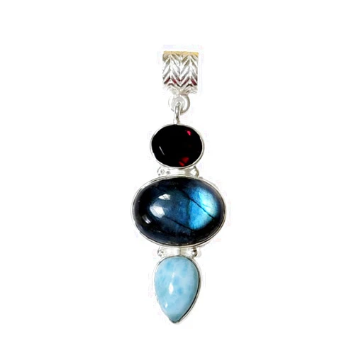 Handmade Huge Labradorite Pendant, Multi Stone Jewelry, Solid 925 Sterling Silver, Fine Cute Garnet, Blue Flash Labradorite, Larimar Pendant, Gift