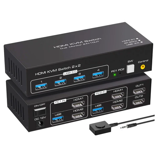ATLAHET 8K HDMI KVM Switch 2 Monitors 2 Computers Support 8K 60Hz 4K 120Hz KVM Switcher for Two PC Share Dual Monitors and 4 USB 3.0 Devices Support Copy and Extend Mode with External Accessories