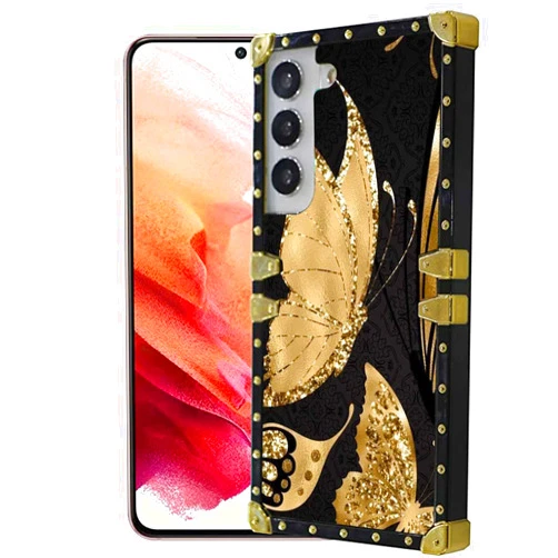 Stewing prerog Compatible with Samsung Galaxy S22+ Plus Square Case,Elegant Gold Butterfly Glitter Luxury Golden Decoration for Samsung Case Girls Women,Soft TPU and Hard PC Back Trendy Protective Cover Case