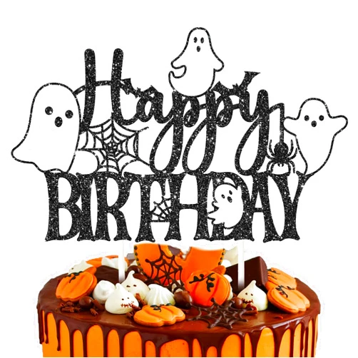 Umoni White Ghost Birthday Cake Topper Glitter Halloween Ghost Party Decorations Glitter Black Halloween Themed Birthday Cake Decoration Ghost Cake Picks for Baby Shower Supplies