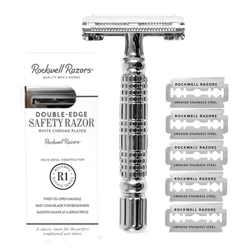 Rockwell Razors R1 Double Edge Safety Razor in White Chrome. Beginner-Friendly for a Smooth, Comfortable Shave. Twist-To-Open handle for Easy Blade Loading. Includes 5 Recyclable Safety Razor Blades.