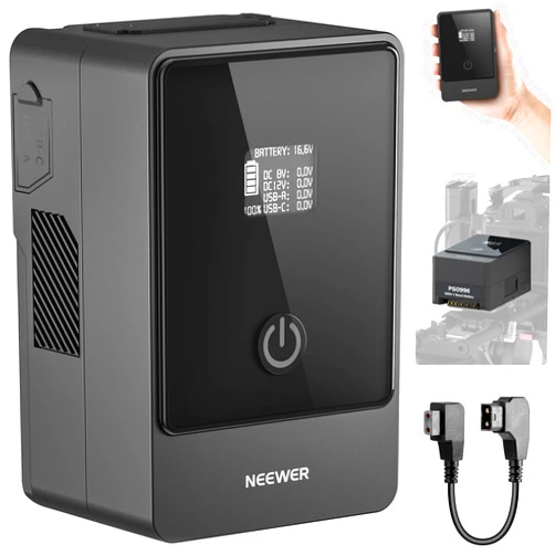NEEWER PS099E Mini V Mount Battery, 6800mAh 99Wh 14.5V Mini V Lock Battery with D Tap Cable/BP/65W PD Type C/USB A/Dual DC/OLED Display for Video Camera Camcorder, Compatible with SmallRig BMPCC 4K 6K