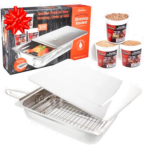 Camerons Original Stovetop Smoker -Smoker Box Gift Set w/Oak, Apple, Hickory Wood Chip Pints & Recipe Guide- Indoor Outdoor Use - Great for Smoking Thanksgiving Dinner - Barbecue Grilling Gift for Men