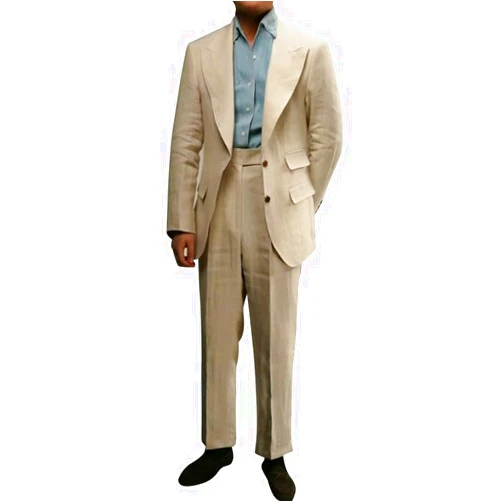 HBDesign 2 Button Men's Linen Peak Lapel Collar Suit for Men Summer Wedding Linen Suit Groom Prom Tuxedo Suit
