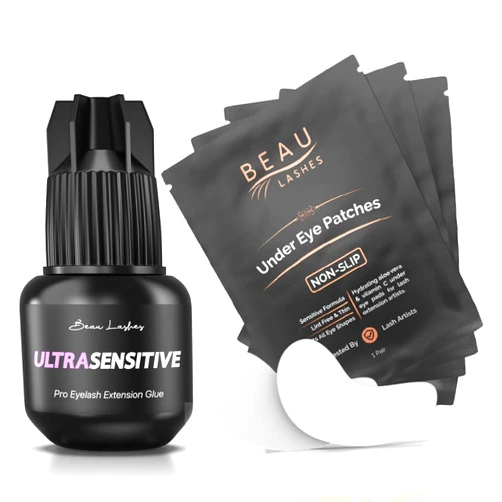 BEAU LASHES Sensitive Eyelash Extension Glue + 100 Pairs Under Eye Pads | Black Lash Adhesive for Long Lasting Semi Permanent Individual Lash Extensions | Lint Free Hydrogel Eye Patches | Vitamin C & Aloe Vera