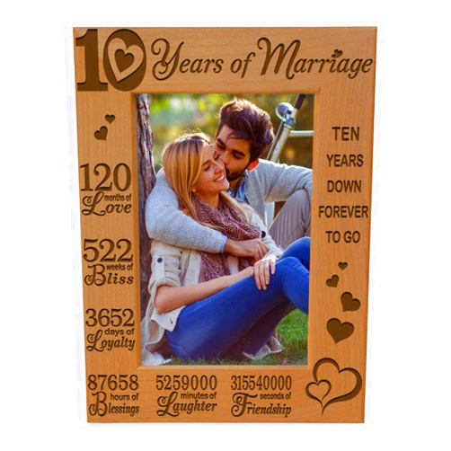 KATE POSH - Our 10th Wedding Anniversary Picture Frame, 10th Anniversary, 10 Years Anniversary, 10 Years of Marriage, 120 Months of Love - Engraved Natural Wood Picture Frame (5x7-Vertical)