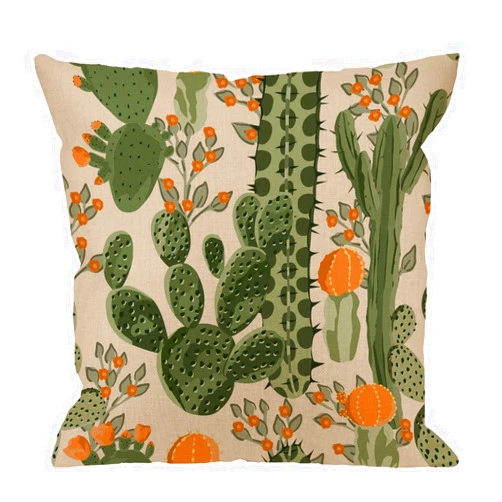 HGOD DESIGNS Cactus Pillow Covers Decorative Green Succulent Cactus and Orange Flowers Cotton Linen Square Pillow Case for Men/Women / 18x18 inch - Light Green and Orange