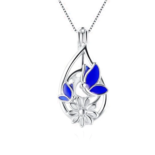 LGSY Blue Butterfly Teardrop Cage Pendants for Pearl Jewelry Making Sterling Silver, Design Pearl Cage Pendants for Women