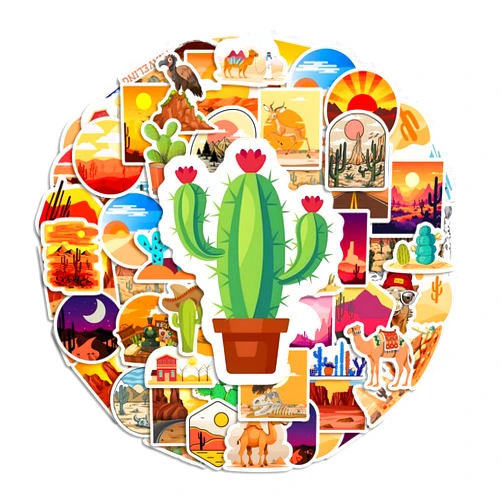 Spriggenix 50pcs Desert Stickers: Waterproof Vinyl Cactus Camel Stickers for Laptop, Water Bottle, Luggage, Skateboard, Journal