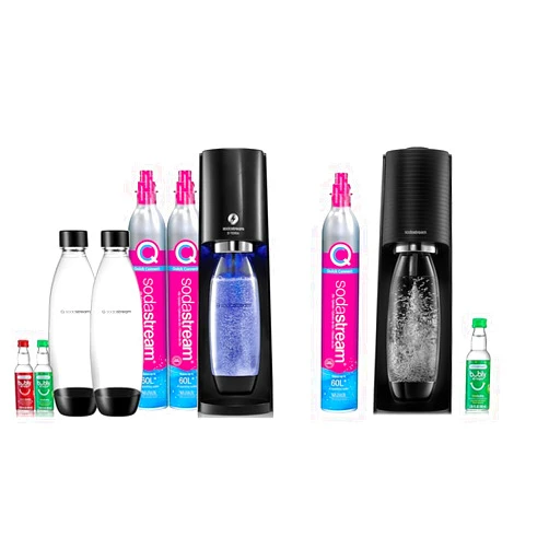 SodaStream E-TERRA Sparkling Water Maker Bundle (Black), with CO2, Carbonating Bottles & Terra Sparkling Water Maker (Black) with CO2, DWS Bottle and Bubly Drop, Battery Powered