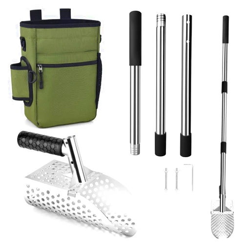 CKJSJ Metal Detector Scoop & Multifunctional Metal Detecting Waist Pouch,Long Handle Sand Scoop for Metal Detecting,Stainless Steel Sand Sifter Shovel for Beach, Underwater Treasure Hunting