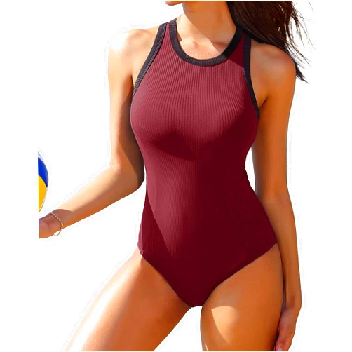 Charmo Women One Piece Swimsuit Zipper Back Ribbed Swimwear Sporty Racerback High Neck Bathing Suit