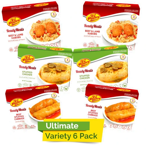 KJ Poultry Kosher MRE Meat Meals Ready to Eat (6 Pack Ultimate Variety - Beef & Chicken) Prepared Entree Fully Cooked, Shelf Stable Microwave Dinner - Travel, Military, Camping, Emergency Survival Protein Food