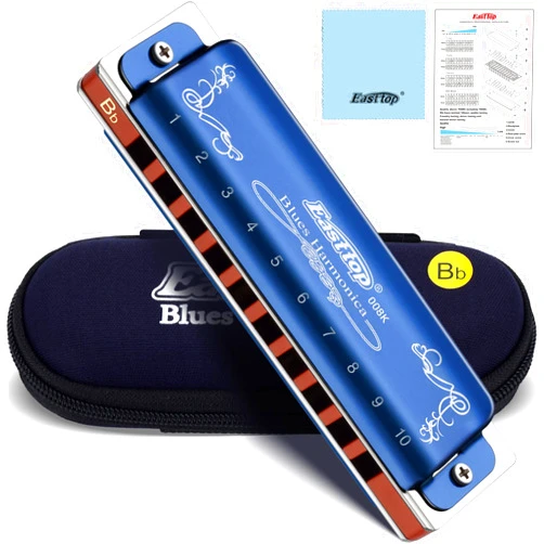 East top Diatonic Harmonica Key of Bb, 10 Holes 20 Tones 008K Diatonic Blues Harp Mouth Organ Harmonica with Blue Case, Standard Harmonica For Adults, Professionals and Students