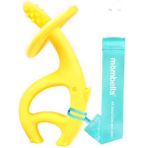 Mombella Baby Teething Toys for 3-6-9-12 Months with Strap to Clip, Mombella Dancing Elephant Silicone Teether & Toothbrush for Teeth Beginning & Eruption Period, Relieve Itch, Clean Tongue & Gum, Yellow