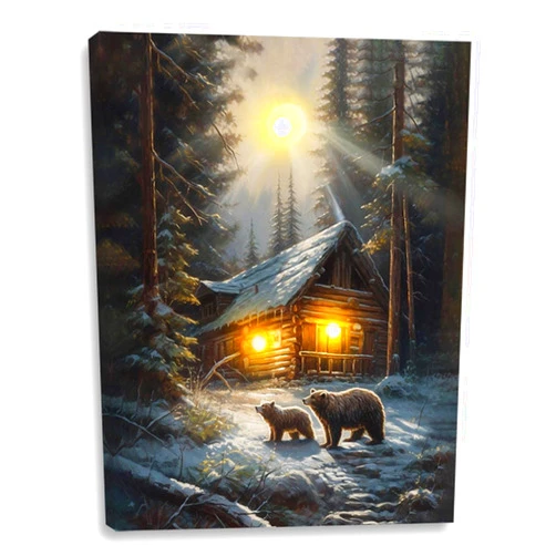 alottagifts Bear & Cub Winter Cabin Lighted Canvas Wall Art Print 12