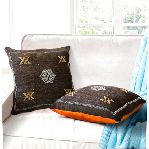 Fezcrafts 18x18 Vintage Bohemian Handwoven Jute Living Room Pillow Cover Throw Pillow Case Cushion Cover Moroccan Handmade Bedroom Pillowcase Berber Wool Eclectic Bedding (Brown & Black 2)
