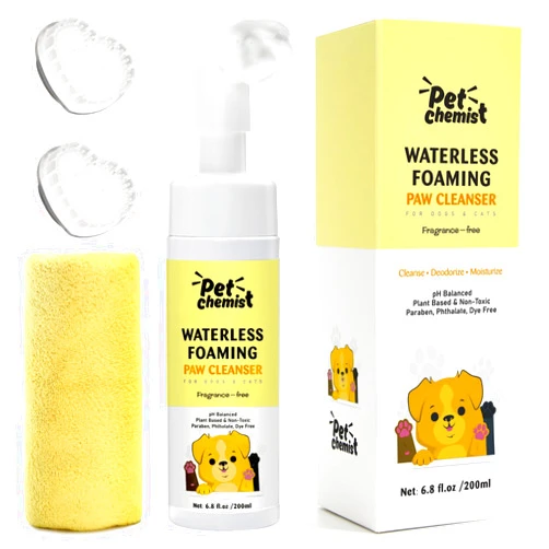 Pet chemist Dog Paw Cleaner 6.8Oz, Waterless Foaming Shampoo Paw Cleanser for Dogs, Cats, Foot Cleaner Brush, with 3 Silicone Brush & 1 Microfiber Absorbent Towel, Gentle, Fragrance-Free