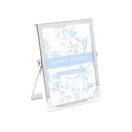 Laura Ashley 2x3 Silver Flat Metal Picture Frame (Vertical) with Pull-Out Easel Stand, Made for Tabletop, Counterspace, Shelf and Desk (2x3, Silver)
