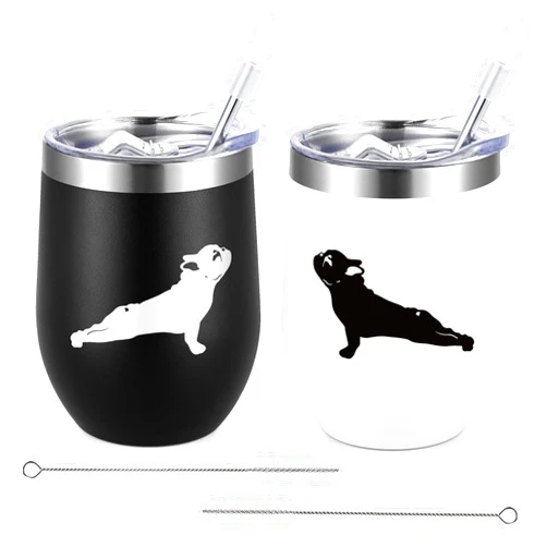 Lifecapido Dog Lover Gifts, French Bulldog Silhouette Insulated Wine Tumbler Set of 2, French Bulldog Gifts for Women Men, Christmas Birthday Gifts for Dog Mom Dad Dog Lovers (12oz, Black&White)