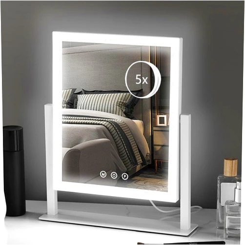 HIEEY Lighted Makeup Mirror, Hollywood Vanity Mirror with Lights, Three Color Lighting Modes, and 5X Magnification Mirror, Smart Touch Control, 360°Rotation (14.1in,White,Gift Box)