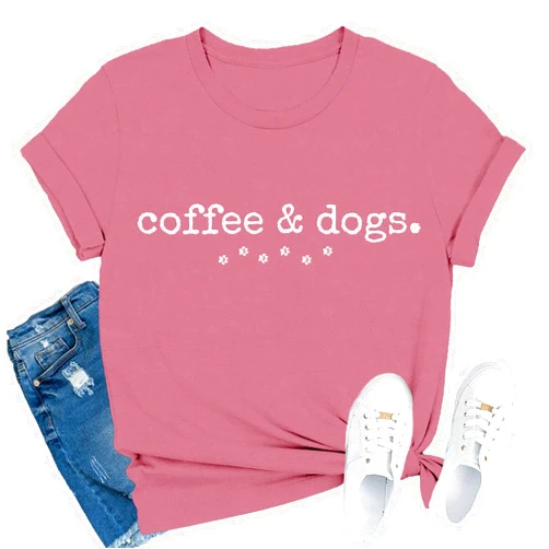 FlowFem Dog Lover Shirts for Women Coffee and Dogs T-Shirt Cute Dog Paw Tee Tops
