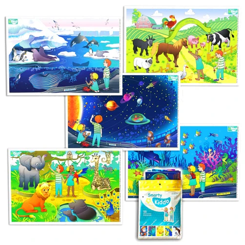 Smarty Kiddo 50 Pack Disposable Stick-On Placemats for Baby, 5 Designs Individually Folded - Farm, Sea World, Zoo, Antarctica & Space - Sticky Table Topper for Baby & Kids, Toddlers
