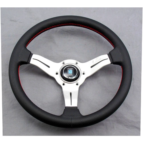 Nardi Steering Wheel - Deep Corn - 330mm (12.99 inches) - Black Perforated Leather with Red Stitching - White Anodized Spokes - Classic Horn Button - Part # 6069.33.1093