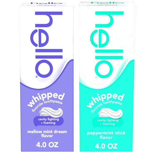 Hello Whipped Mellow Mint Dream and Peppermint Stick Toothpaste Pack, Minty Adult Foam Toothpaste with Fluoride, SLS Free, Freshens Breath, Dreamy Foamy Texture, Fights Cavities, 2 Pack, 4.0 Oz Tubes