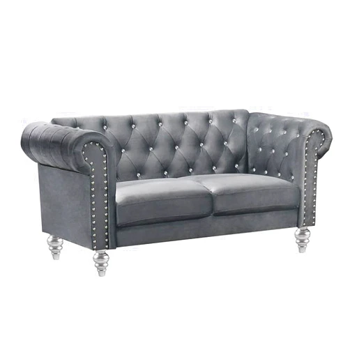 New Classic Furniture Glam Emma Velvet Two Seater Chesterfield Style Loveseat for Small Spaces with Crystal Button Tufts, Gray