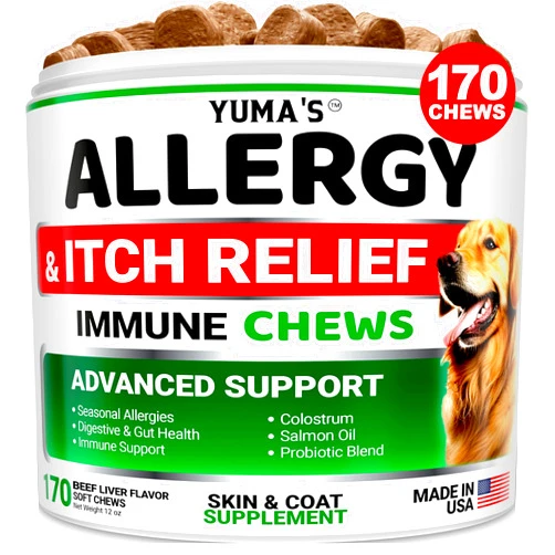 YUMA'S Dog Allergy Relief Chews - Dog Itching Skin Relief Treatment Pills - 170 Treats - Anti-Itch - Itchy and Paw Licking - Hot Spots - Omega 3 Fish Oil - Dry Skin & Coat Supplement - Beef Liver Flavor