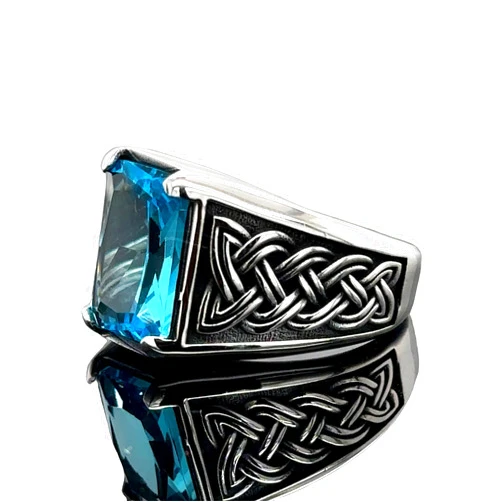 Mercan Silver Silver Aquamarine Stone Ring, Minimal Aquamarine Ring, Modern Blue Aquamarine Stone Ring, Vintage Men Ring, 925k Sterling Silver Ring (15.5)
