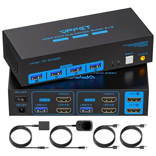 CMSTEDCD HDMI KVM Switch 2 Monitors 2 Computers 4K@60Hz USB 3.0 Dual Monitor KVM Switch 2 Ports for 2 PC Share 2 Screens and 4 USB Devices for Keybord Mouse Printer with Desktop Controller