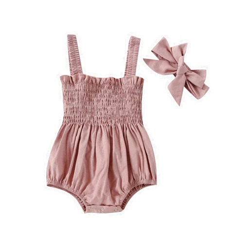 Covvoliy Infant Baby Girl Summer Outfit Clothes Sleeveless Smocked Cotton Linen Romper with Headband