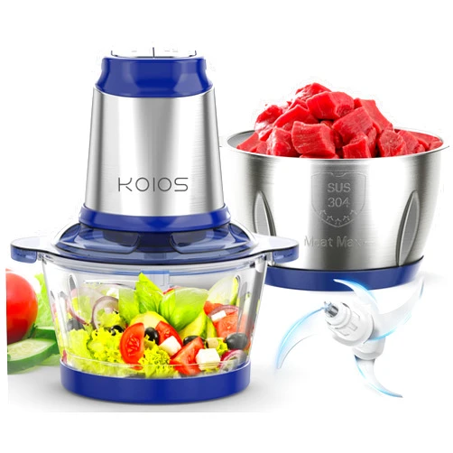 KOIOS 500W Powerful Electric Food Processor with 8 Cup Stainless Steel & Glass Bowls, 2 Speed Mode Electric Food Chopper with 2 Sets Blades Electric Meat Grinder Chopper for Family & Baby Use