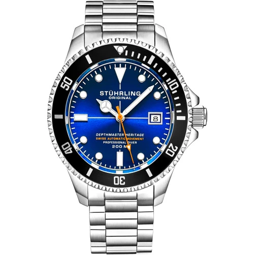 Stuhrling Original Mens Swiss Automatic Stainless Steel Professional DEPTHMASTER Dive Watch, 200 Meters Water Resistant, Brushed and Beveled Bracelet with Divers Safety Clasp and Screw Down Crown