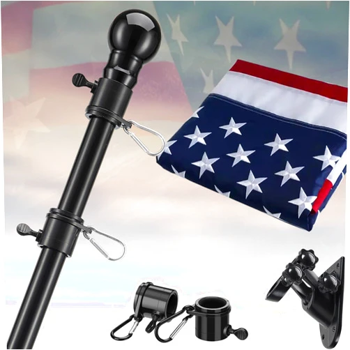 LAKEROD Flag Pole Kit with 3x5 Embroidered American Flag - 5ft Tangle Free Flag Pole for Outside House with Windproof Holder Bracket,Heavy Duty Metal Flagpoles for Outdoor Porch Truck Boat Jeep - Black