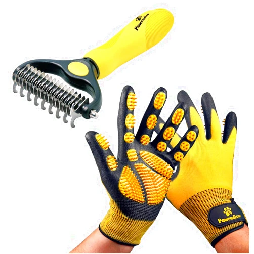 Pawradise Deshedding Dog Brush - Double-Sided Pet Hair Remover for Cats & Dogs and Pet Grooming and Bathing Gloves Bundle