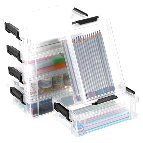 BTSKY 6 Pack Extra Large Capacity Plastic Pencil Box Stackable Clear Pencil Case Crayon Box Office Art Supplies Storage Organizer Box for Gel Pens Erasers Tape Pens Pencils Markers etc(Black)