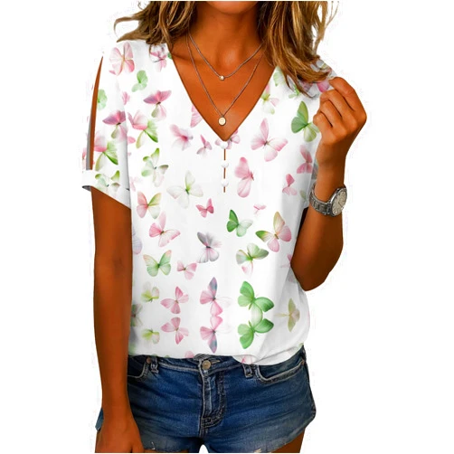 CUWFAT Women's Hollowed Sleeve T-Shirts Funny Butterfly Bohoflowy Printed Top Summer Vacation V Neck Comfy Outfits