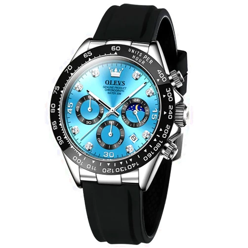 OLEVS Men Analog Quartz Waterproof Watches Multifunction Chronograph Diamond Moon Phase Luminous Silicone Band Wrist Watches