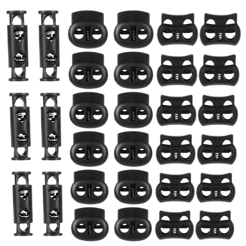 Cobee 18 Pcs Spring Cord Lock Paracord Accessories, Plastic Cord Locks for Drawstrings, Double Hole Draw String Clip for Shoelaces Drawstrings Paracord Bags Clothing and More