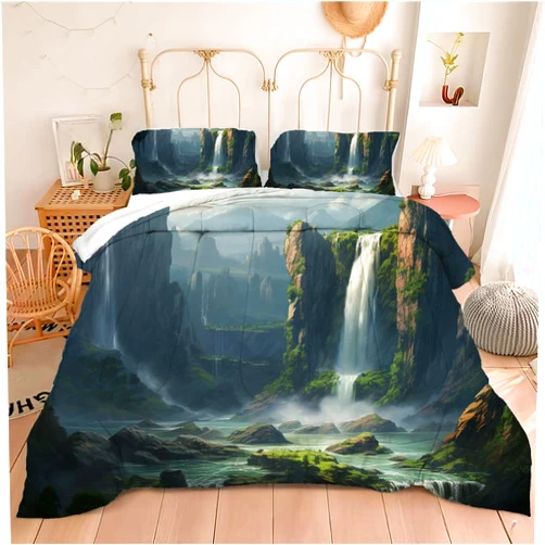 Motorax Green Mountains Bedding Quilt Set Soft Microfiber Spectacular Waterfall Comforter for Kids Men and Women, Queen Size include 1 Comforter + 2 Pillowcases