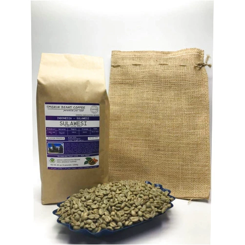 Smokin Beans 5-pound Sulawesi Toraja (Unroasted Green Coffee Beans) premium Arabica beans grown Indonesia fresh current-crop beans for home coffee roasters, specialty-grade coffee beans, includes a free burlap bag
