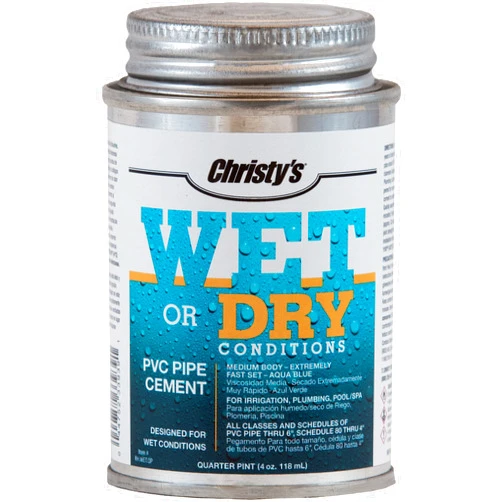 Christy's Wet Or Dry Conditions PVC Cement - Medium Body, Extremely Fast Set, Low-VOC, Aqua Blue, 1/4 Pint (4 fl oz)