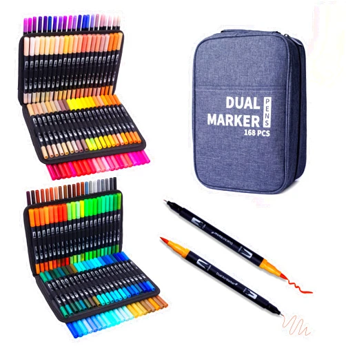 Abvqr Dual Markers Brush Pens, 168 Colors Art Marker Set with Brush and Fine Tips – Premium Art Supplies for Kids & Adults, Perfect for Coloring Books, Hand Lettering, Calligraphy, and Drawing
