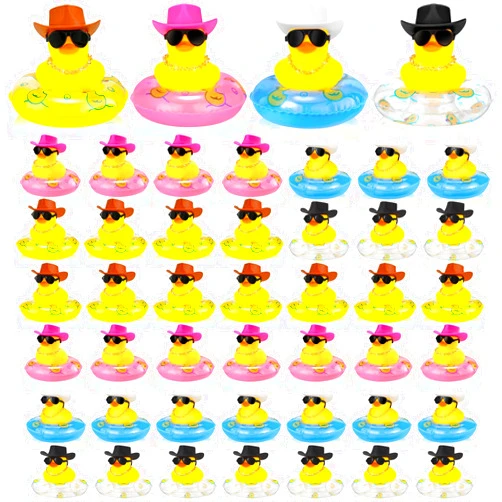 Sosation Cowboy Rubber Duck Bulk Mini Car Yellow Duckies Bath Toys Party Favor with Mini Hat Swim Circle Necklace Sunglasses Car Ornaments for Summer Birthday Swimming Supplies(12 P, Novel Style)