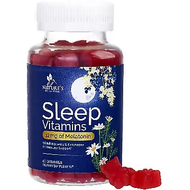 Nature's Nutrition Sleep Vitamins with Extra Strength Melatonin 12mg - Best Non-Habit Forming Sleep Support Gummy Supplement - Includes Vitamins B6, C, D3, L-Theanine, Zinc - 60 Gummies
