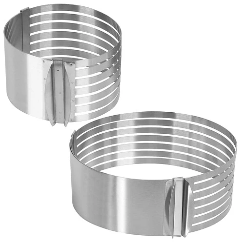 KEILEOHO Layer Cake Slicer Set, 2 PCS Stainless Steel Adjustable 7 Layered Bread Cutter Ring with Respective Diameter of 6-8 Inches and 9-12 Inches 3.4 Inches High