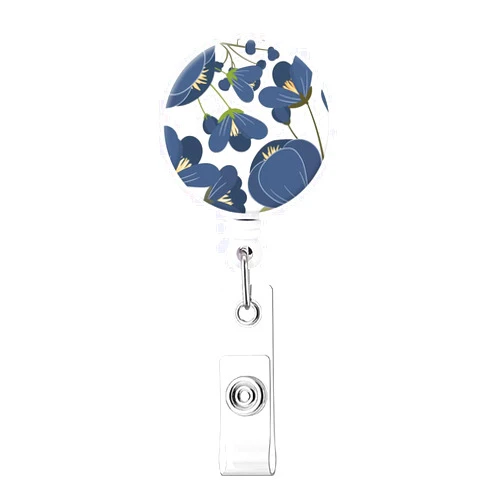 COUKASO Badge Reel Retractable Nurse Badge Holder Cute Name Decorative Badge Reels with Clip on ID Card Holders (1 Pack Cute Navy Blue Floral)
